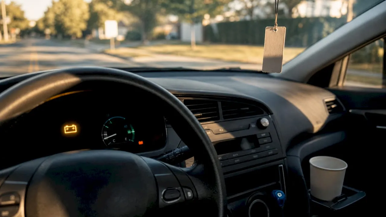 Hybrid battery warning light glowing on car dashboard