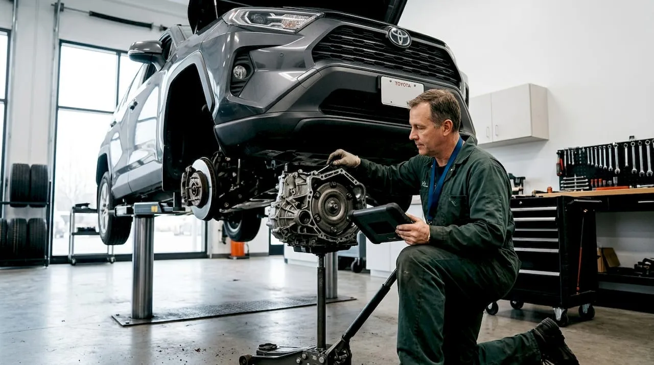 Mechanic diagnosing Toyota transmission in workshop