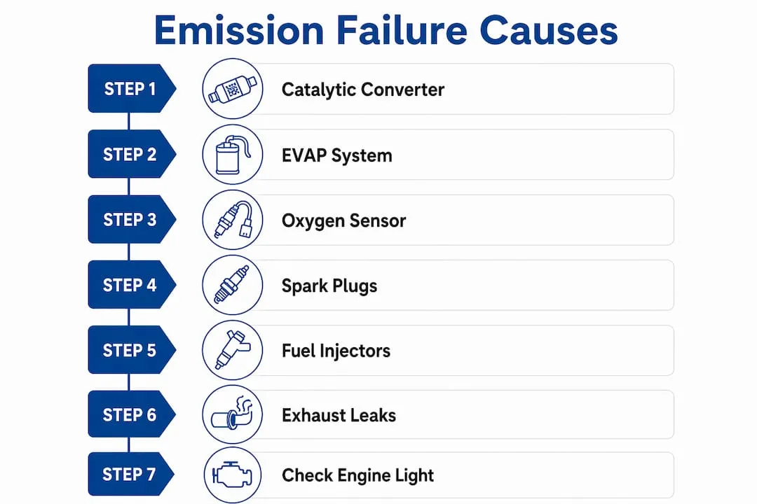 Infographic illustrating main causes of car emissions failure
