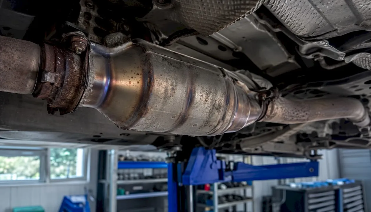 Close-up of catalytic converter under car