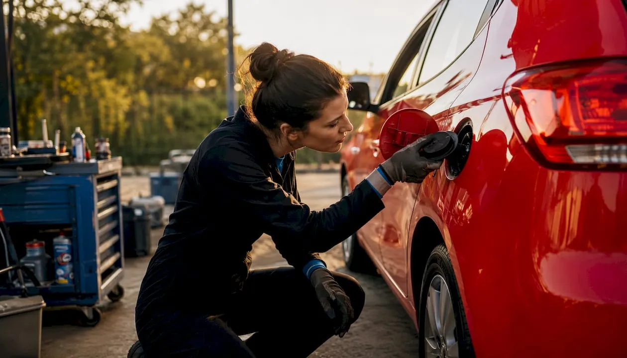 Mechanic inspecting a car gas cap seal