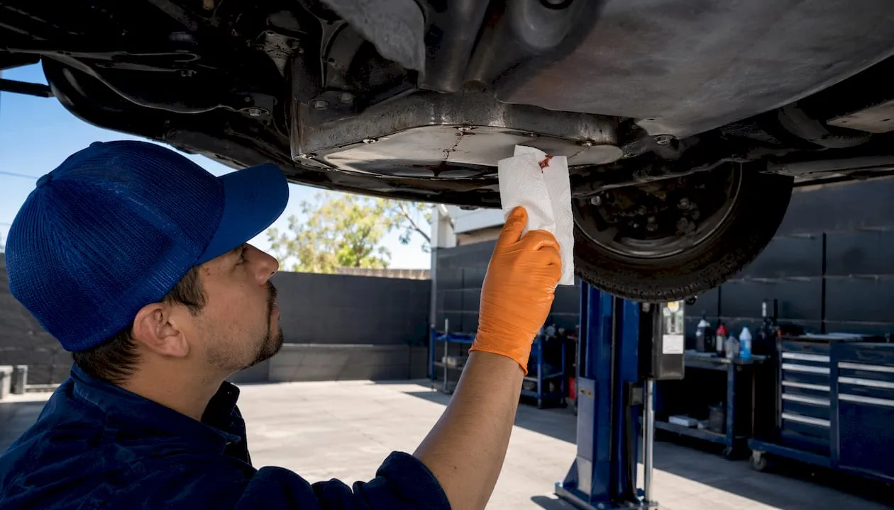 Technician inspecting transmission fluid leak