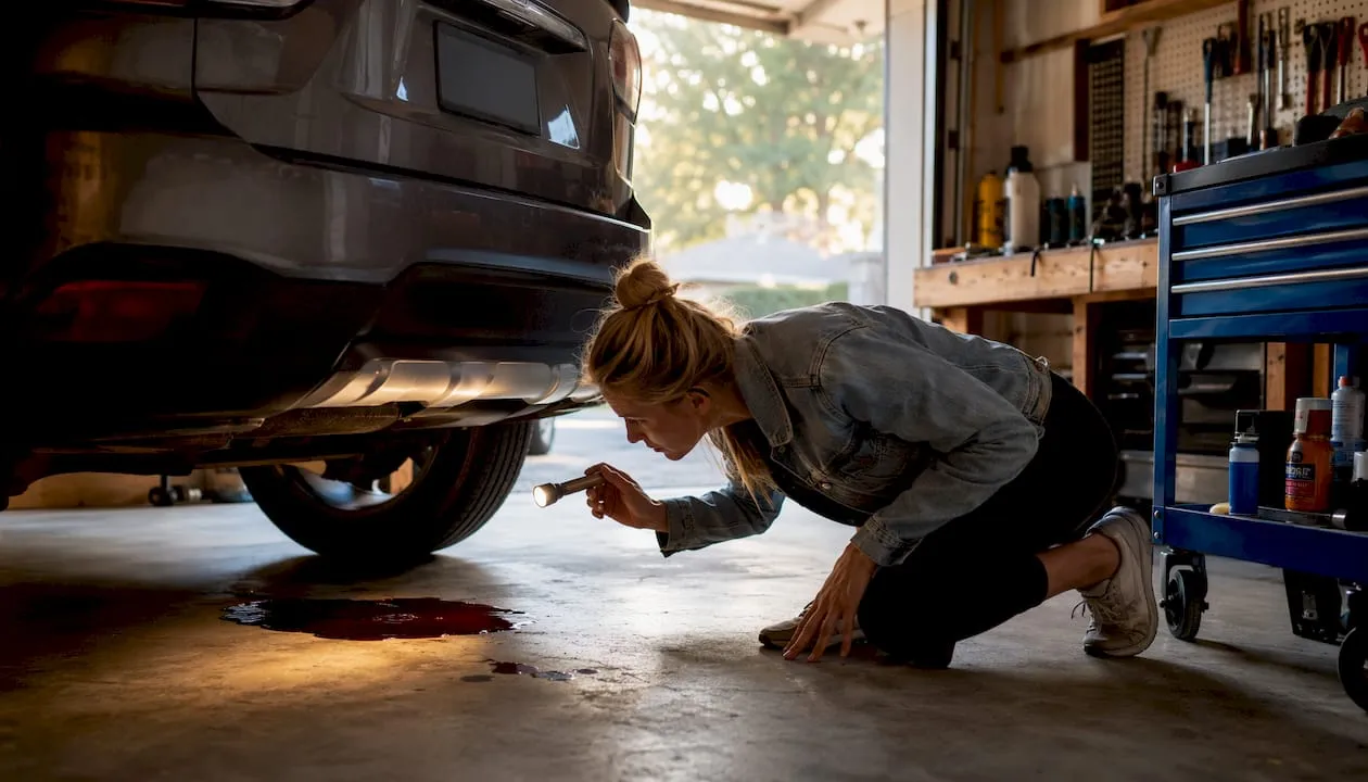 Woman inspecting Lexus transmission fluid leak outdoors