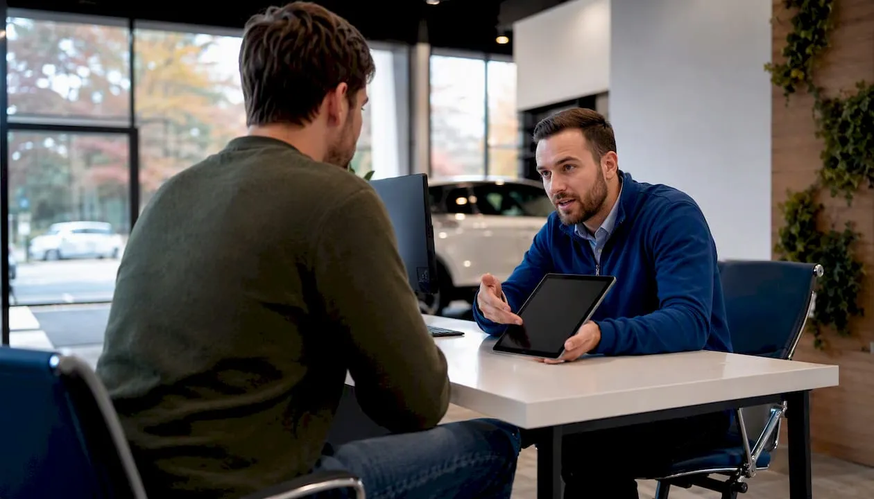 Service advisor consulting Honda customer indoors