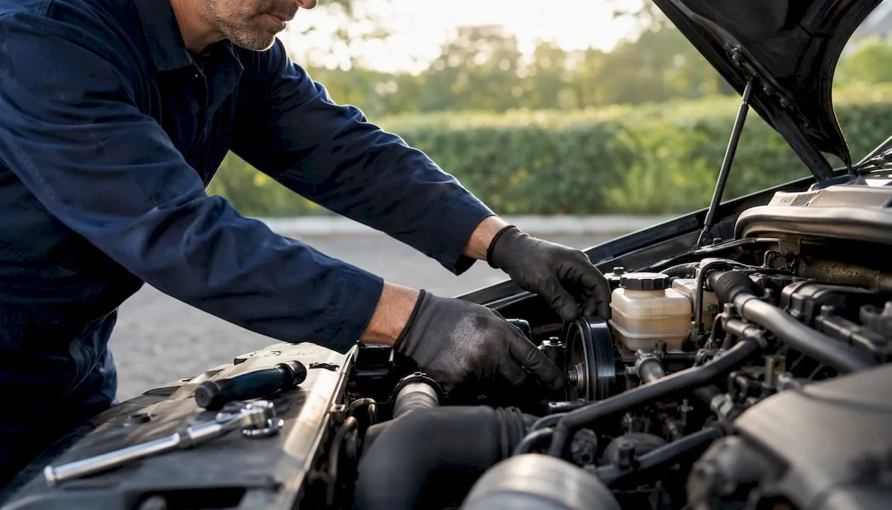 Technician inspecting car engine components