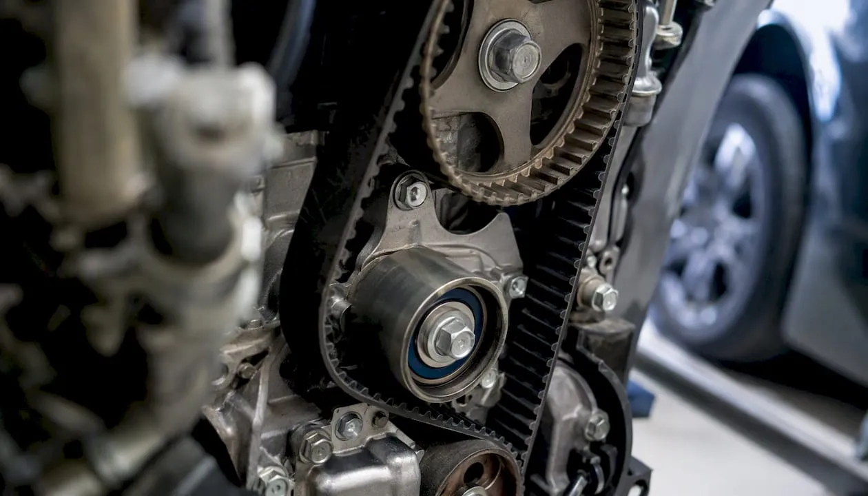 Close-up of vehicle timing belt during service