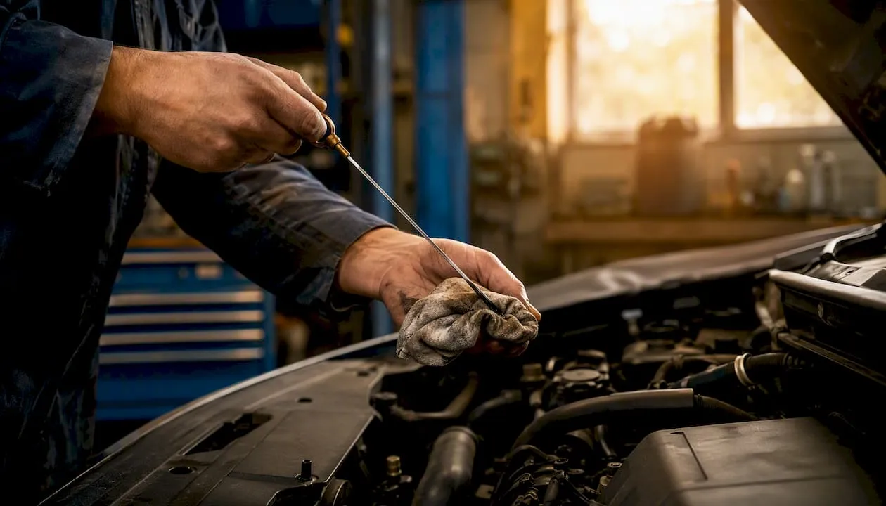 Hands inspecting car engine oil dipstick