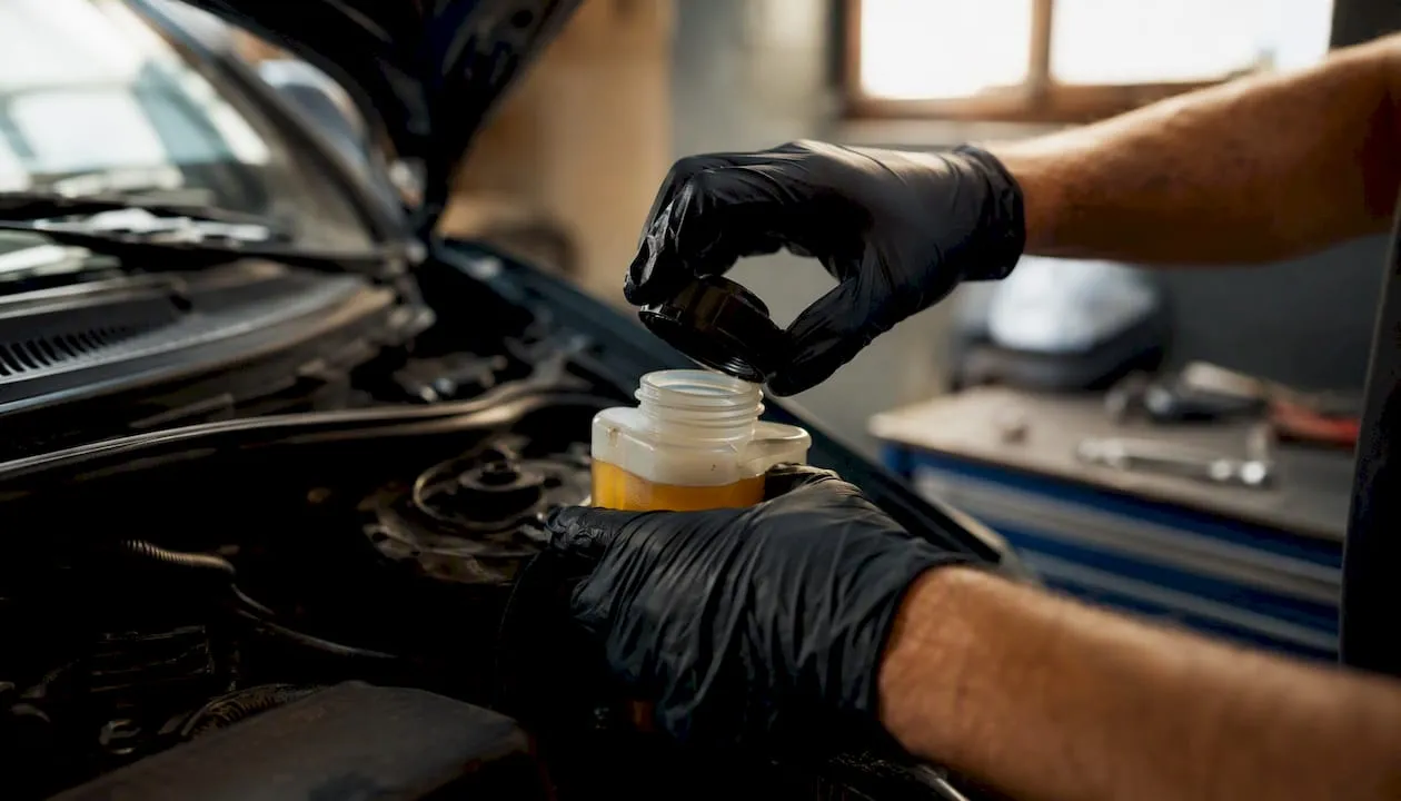 Mechanic changing brake fluid reservoir