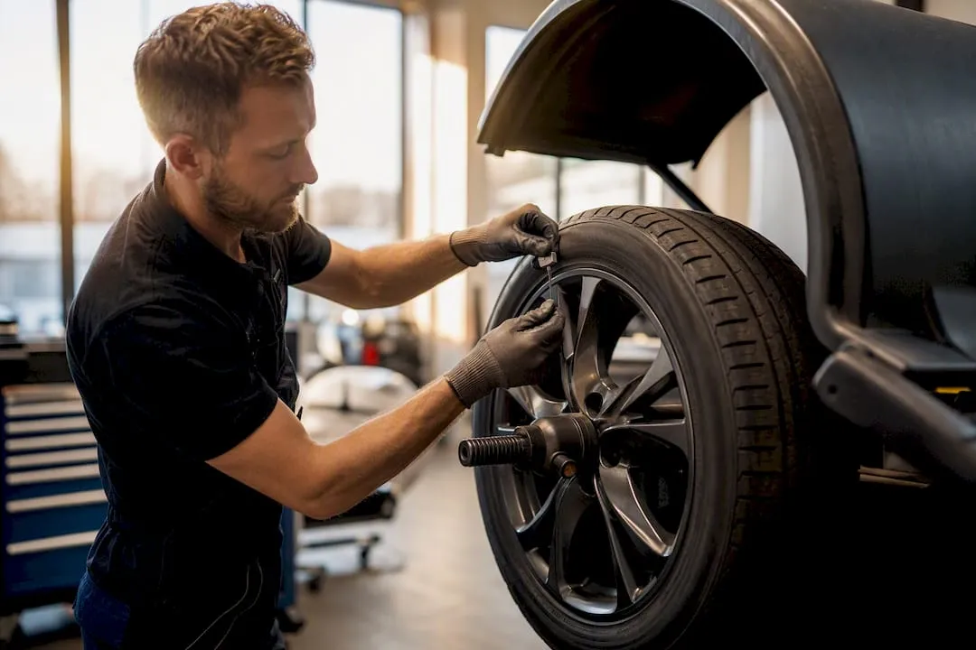 Technician balancing tire on machine