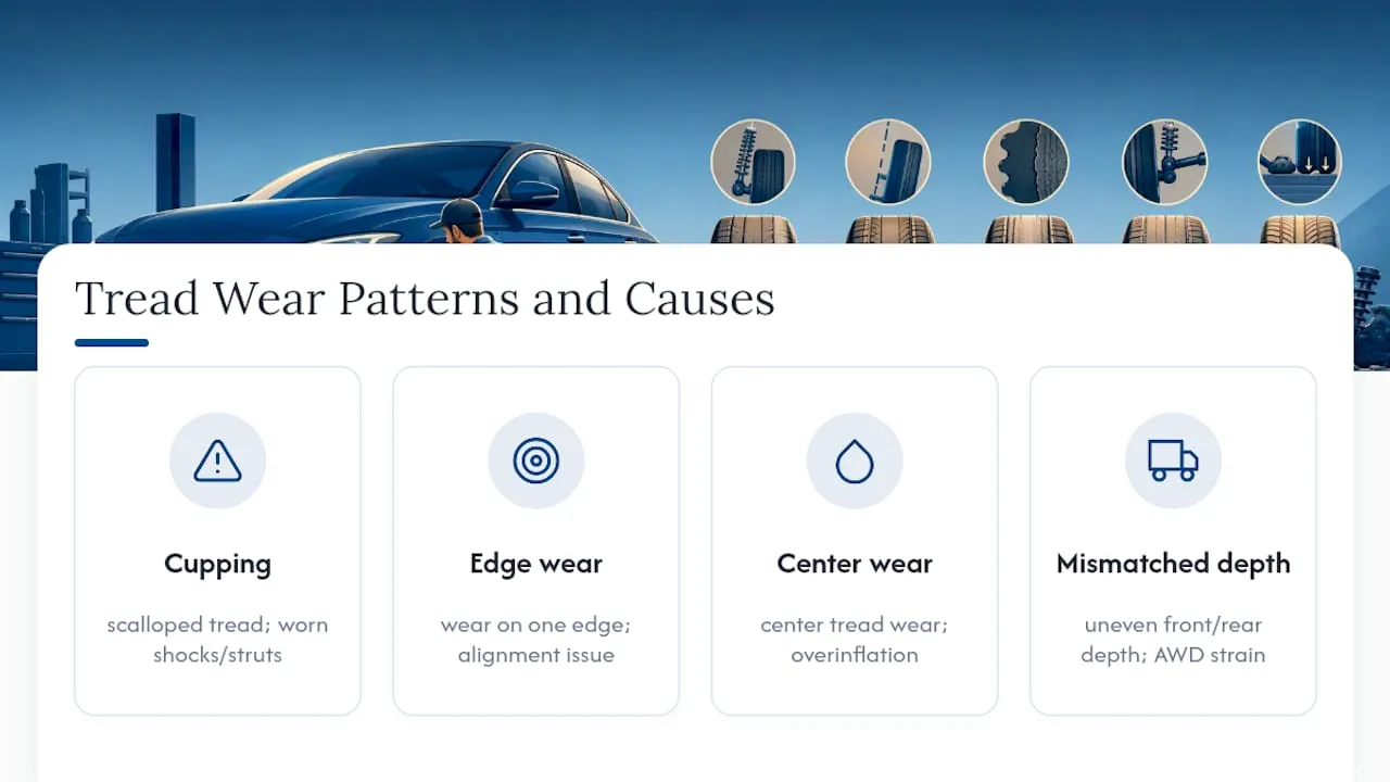 Infographic of tire tread wear patterns and causes