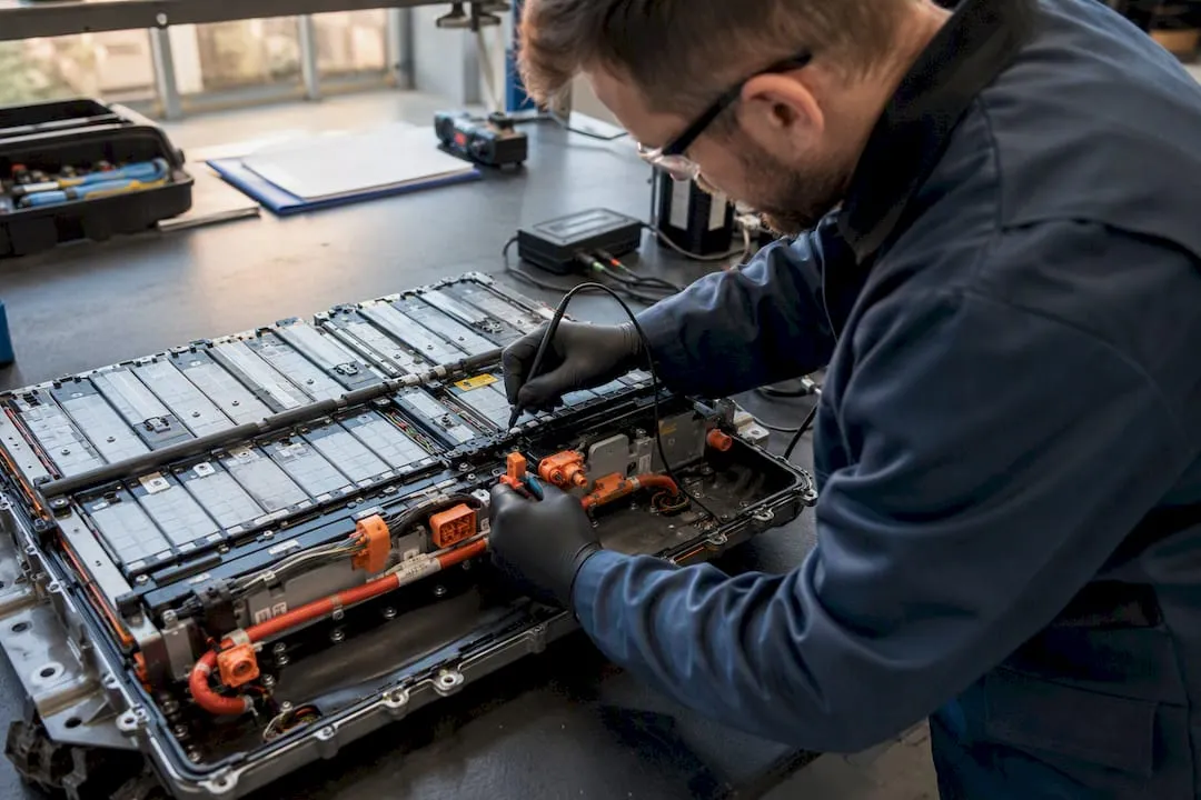Technician inspecting hybrid battery pack