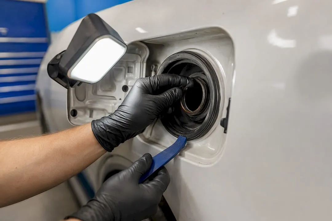 Technician inspecting fuel filler neck sealing lip