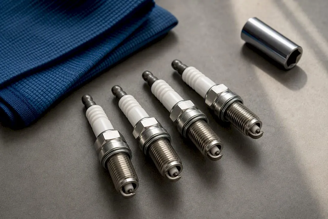Four matching spark plugs arranged as a set