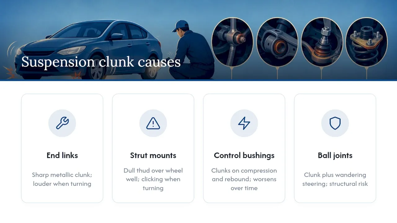 Common Causes of a Suspension Clunk Over Bumps — overview diagram