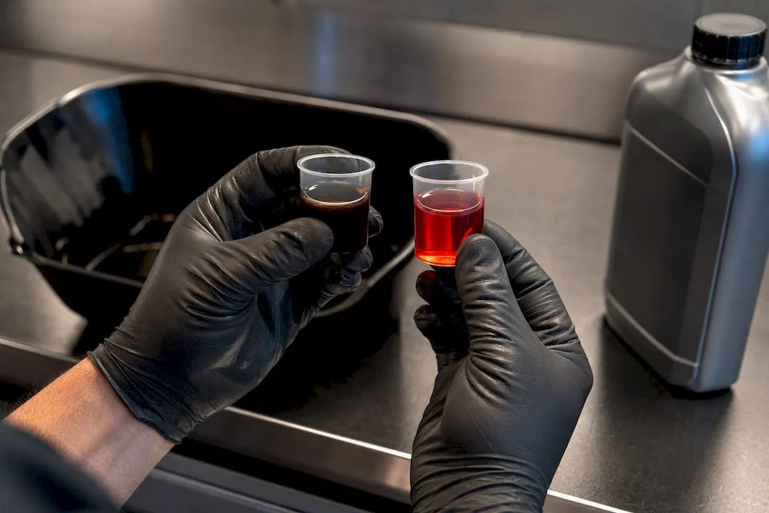 Technician comparing fresh and drained fluid