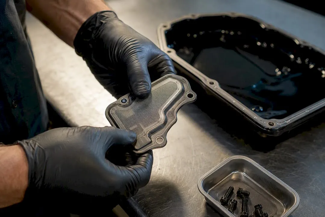 Technician inspecting transmission filter screen
