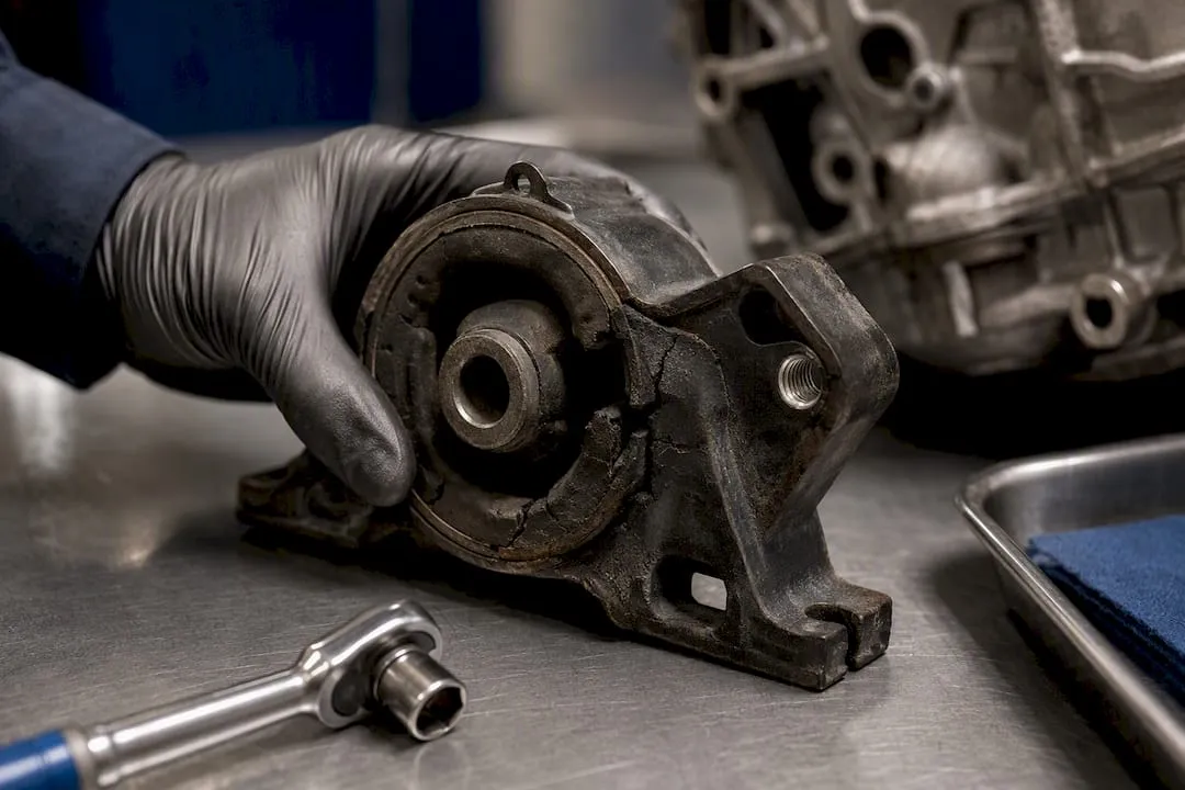 Worn rubber engine mount under inspection