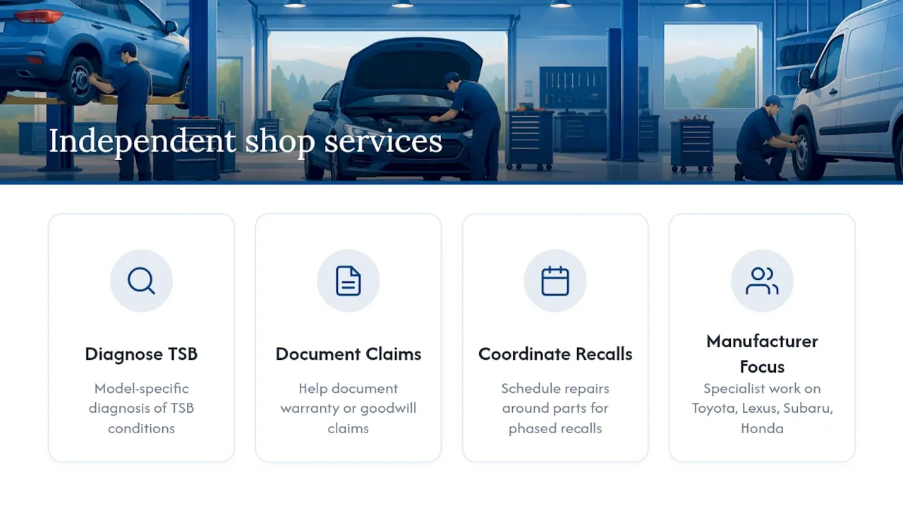 How an Independent Specialist Shop Helps With TSB and Recall Issues — overview diagram