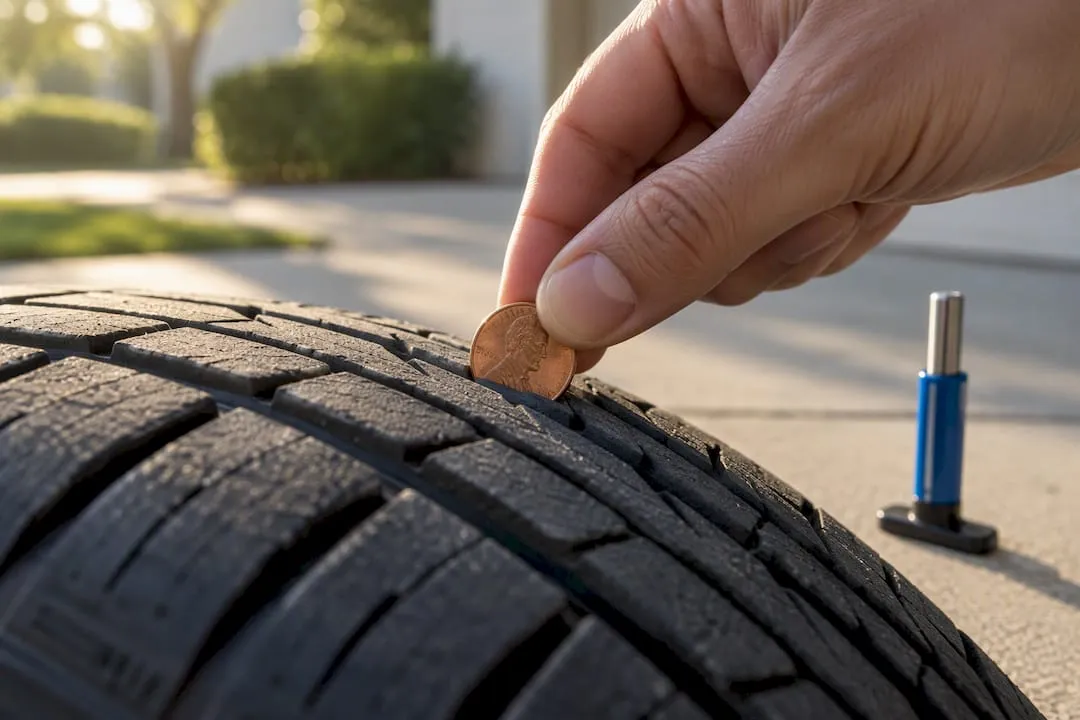 Hand performing penny tire tread test