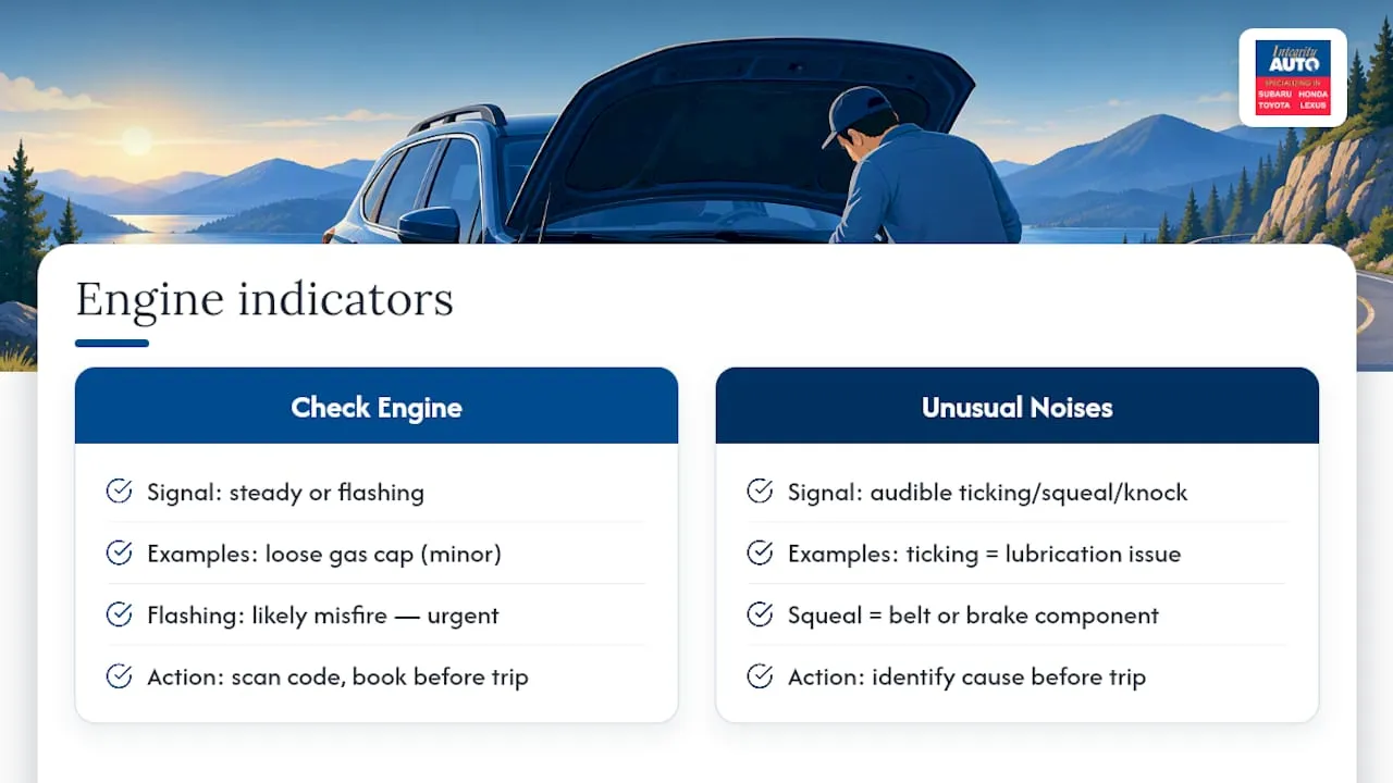 Verify engine performance indicators: check engine light and unusual noises — overview diagram