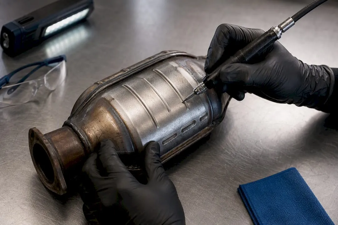 Technician etching catalytic converter housing