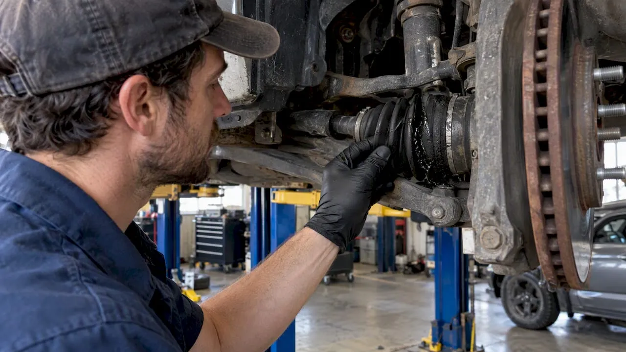 Technician inspecting a torn Honda CV boot