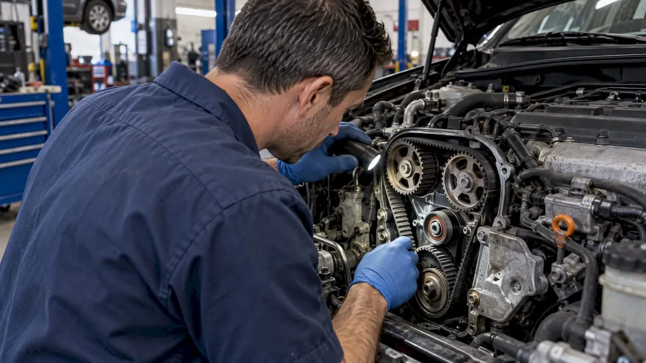 Technician inspecting exposed Honda timing belt
