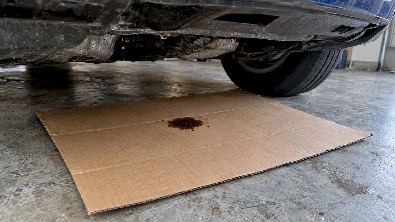 Oil spot on cardboard beneath a car
