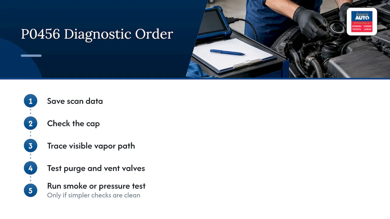 Ordered steps for diagnosing a P0456 code