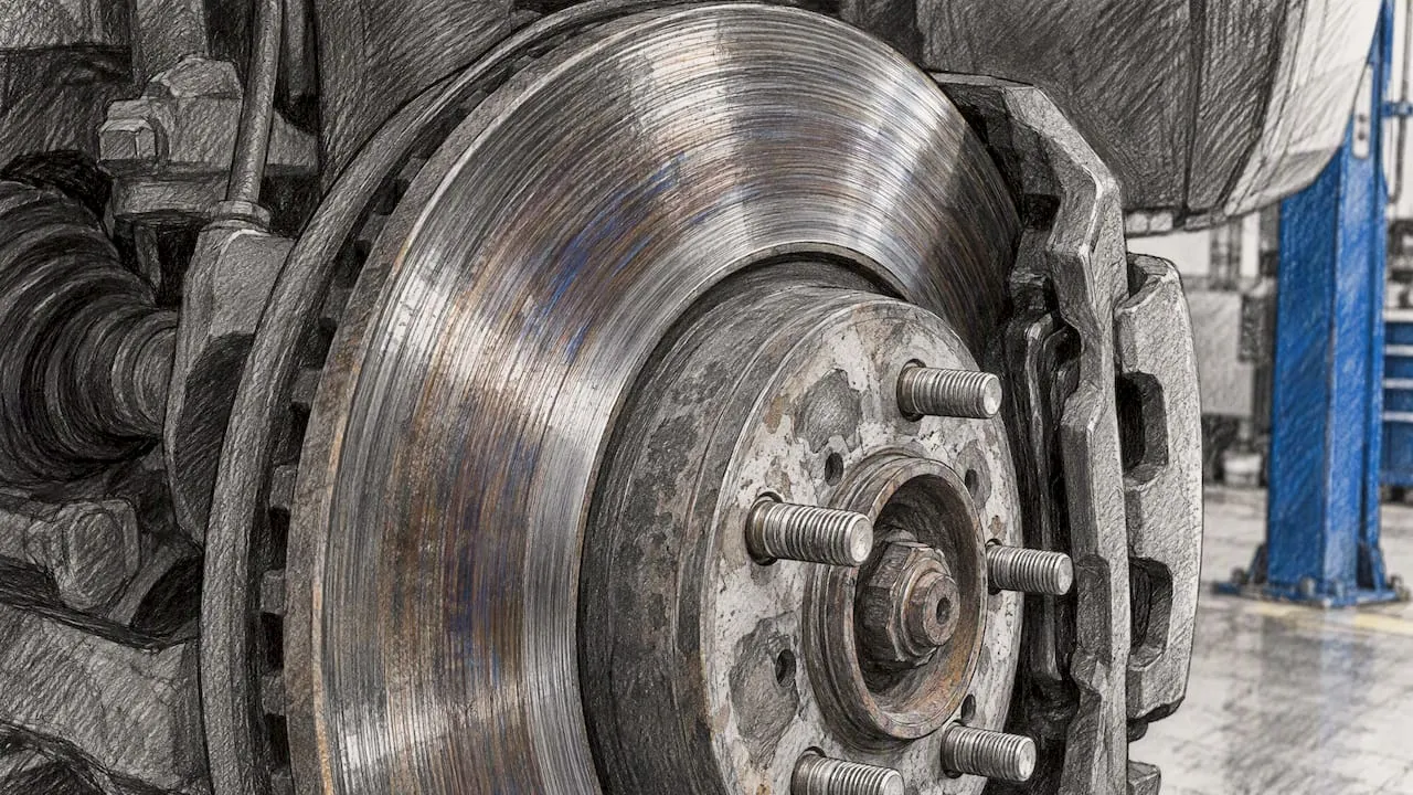 Heat-marked brake rotor with visible grooves