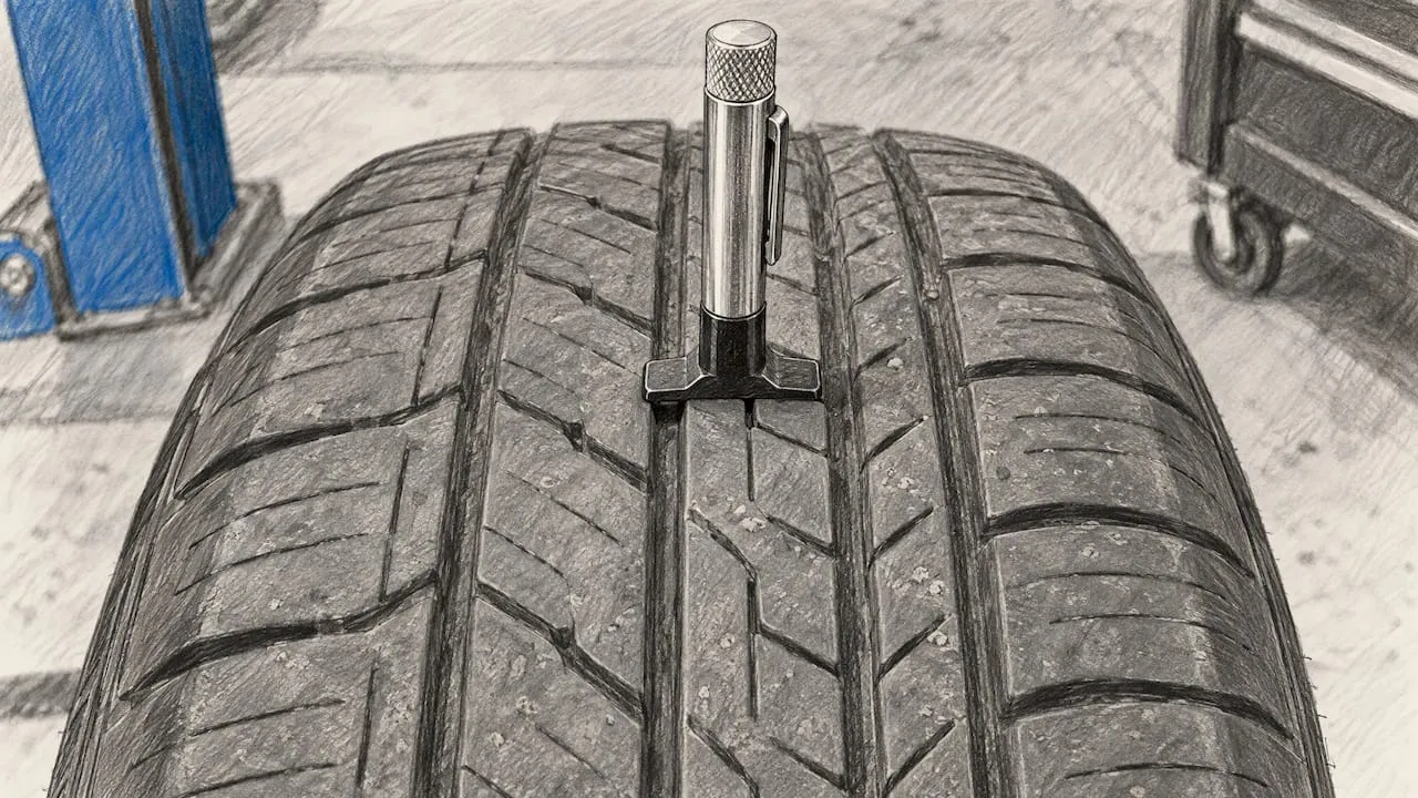 Tread depth gauge checking a tire groove